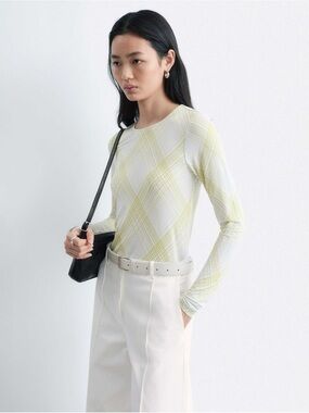 & Other Stories slim fit scoop neck long sleeve top in beige plaid